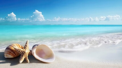 Serene Beach Scene with Shells and Calm Turquoise Waters