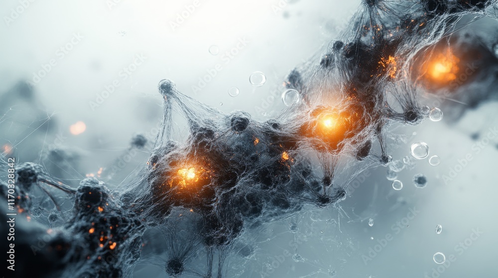 Poster digital molecular structures with futuristic particles and transparent bubbles on white background f