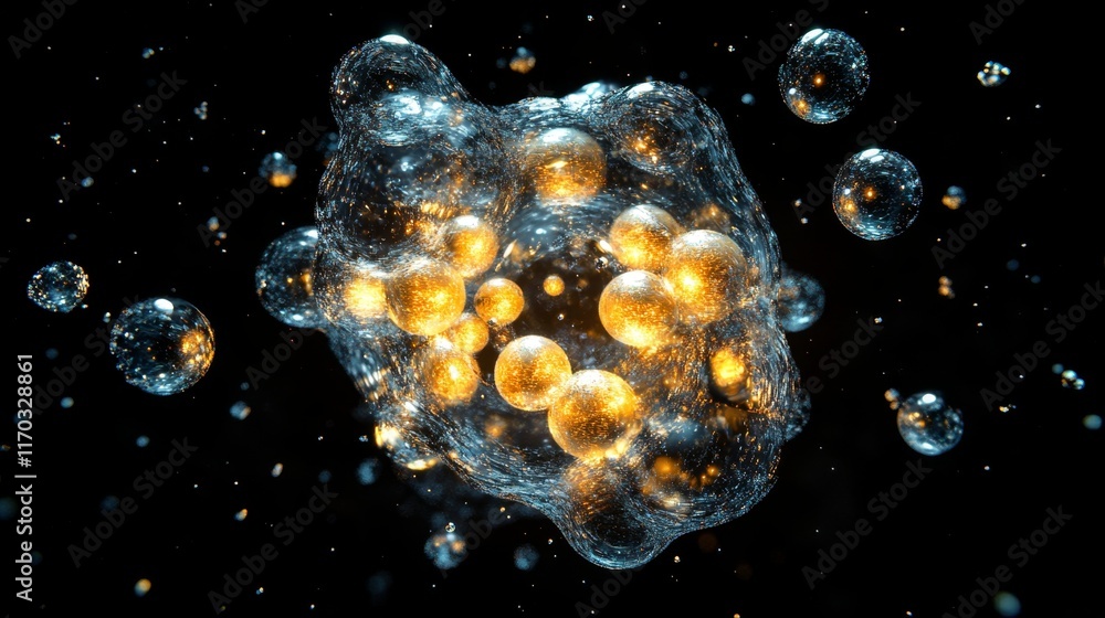 Poster luminous futuristic molecular patterns in 3d render with reflective bubbles for banner use