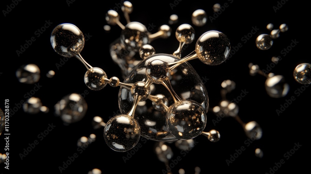 Poster illuminated futuristic molecular cluster with reflective bubbles - 3d render for banners