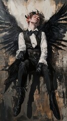 Naklejka premium Mysterious Figure with Black Wings: A Dark Fantasy Portrait
