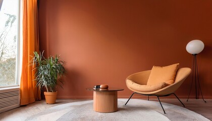 Empty Burnt Orange Wall Mockup in Mid Century Modern Interior with Lounge Chair and an Oval Coffee Table. Natural Daylight From a Window. Promotion Background.