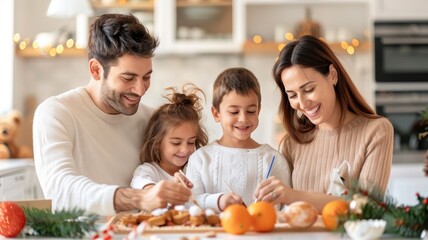 A joyful family baking together in a cozy kitchen, surrounded by festive decorations and fresh ingredients, creating cherished holiday memories.