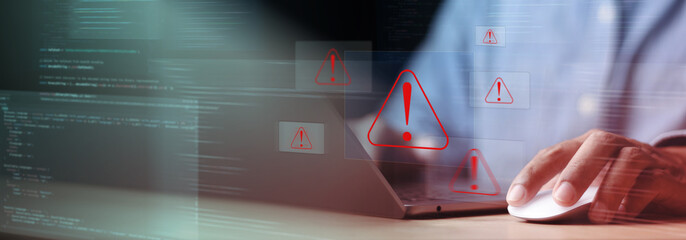 Operation system boot-up failure. Cybersecurity technology, system warning on hacked alerts. System warning error popup and maintenance showing.