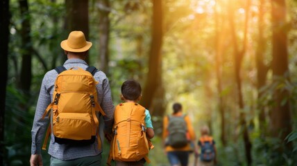 A family enjoys a hike through a lush forest, carrying backpacks and basking in warm sunlight, creating a perfect outdoor adventure.