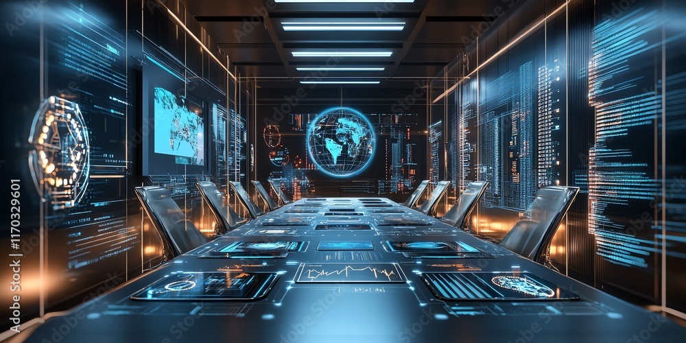 Poster futuristic conference room: interactive displays and global data visualization