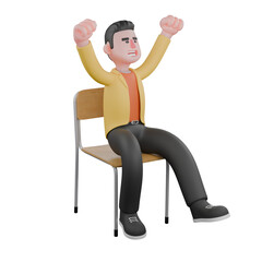 Designer Skills Set Characters 3D Model. A male designer sits with both hands raised while clenching. Cartoon Style