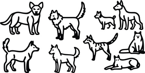 Collection of pet icons drawn with contour line on white background. Set of domestic animal linear symbols