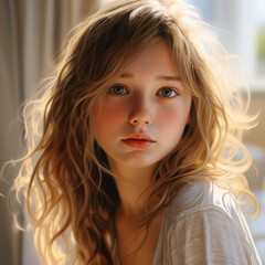 Naklejka premium Young woman with flowing hair and a contemplative expression in soft lighting