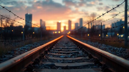 Fototapeta premium Sunset Cityscape Rail Tracks