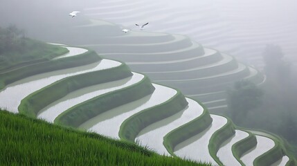 Fototapeta premium Serene Rice Terraces with Misty Atmosphere and Tranquil Landscape