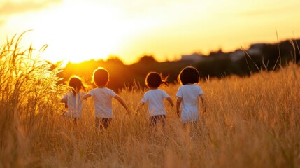 Group of children running through golden field at sunset holding hands. Back view outdoor photography of childhood and freedom.