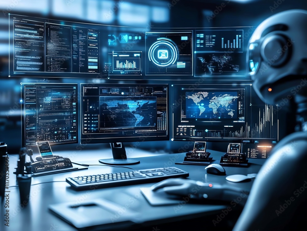 Poster cybernetic robot monitoring global data streams: a futuristic tech scene
