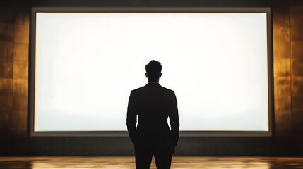 Silhouette of a businessman facing a large blank screen.