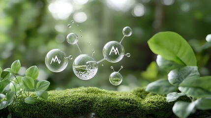 Molecular structure hovering above green foliage, symbolizing nature's harmony with science and environmental balance.