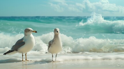 Fototapeta premium Two seagulls standing on a sandy beach, the ocean waves in the background.