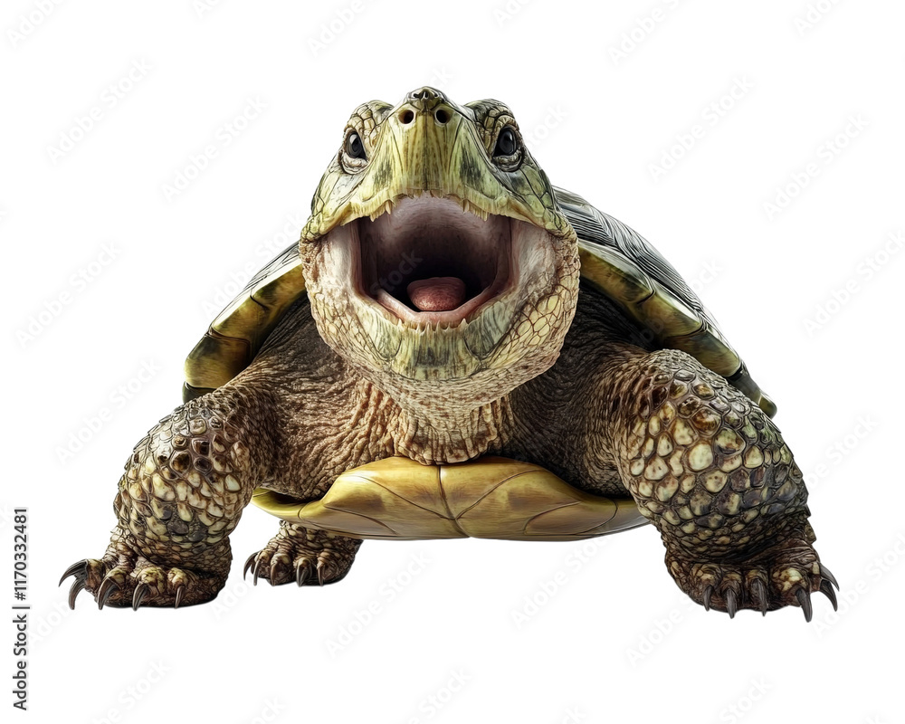 Poster snapping turtle with wide open mouth, showcasing its detailed features and textures. this realistic 