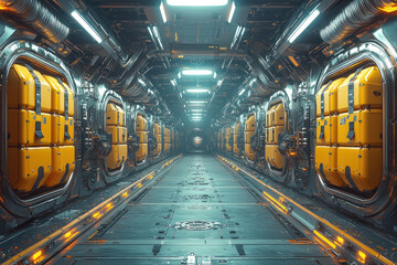 Obraz premium Futuristic metallic corridor interior spaceship.