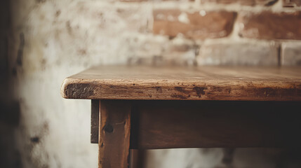 A close-up shot of a vintage wooden table or shelf in an empty interior design setting conveys a sense of nostalgia and simplicity