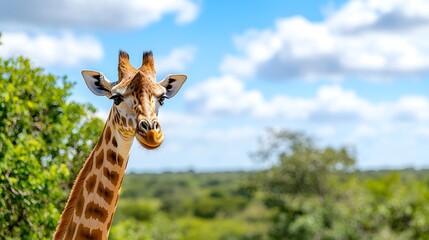 Naklejka premium Giraffe portrait against a vibrant African savanna landscape under a partly cloudy sky.
