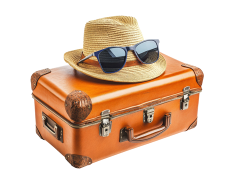 stylish suitcase with straw hat and sunglasses on top, perfect for summer travel. This vibrant scene evokes sense of adventure and relaxation