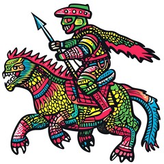 Colorful warrior riding a mythical dragon.