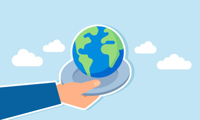 A hand holds a plate with a globe, illustration of setting business goals to achieve a global scale