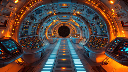 Obraz premium Futuristic spaceship interior with glowing lights and control panels.