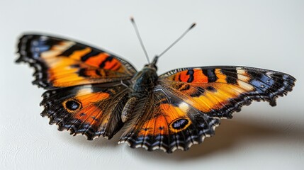 Naklejka premium Close-up of a vibrant butterfly with orange, black, and white wings, showcasing intricate details and patterns against a plain white background.