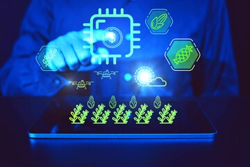 Professional holding a tablet with smart farming AI icons: agricultural technology and IoT AI solutions for precision agriculture, sustainable practices, and AI high-tech farm management.