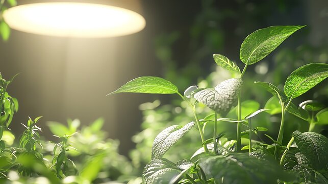 Fototapeta Close-up of vibrant green plants under a soft, natural light in a serene indoor environment.