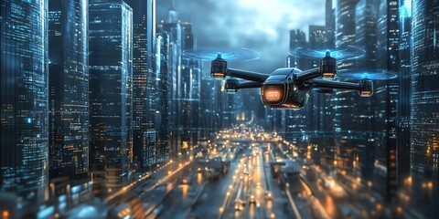 Fototapeta premium Drone Flight Over Futuristic Cityscape: A Nighttime Aerial View