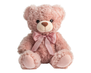 Soft teddy bear with pink bow, perfect for gifts and cuddles. This plush toy brings joy and comfort, making it ideal companion for children and adults alike