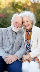 Elderly couple sitting closely outdoors smiling together. Natural light portrait of happy seniors in autumn garden
