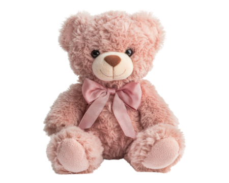 Soft teddy bear with pink bow, perfect for gifts and cuddles. This plush toy brings joy and comfort, making it ideal companion for children and adults alike