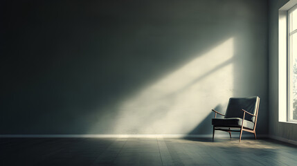 A dimly lit room with sparse furnishings and a blank wall serves as backdrop for a stock photo mockup
