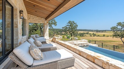 Fototapeta premium Scenic patio with lounge chairs and pool overlooking landscape.
