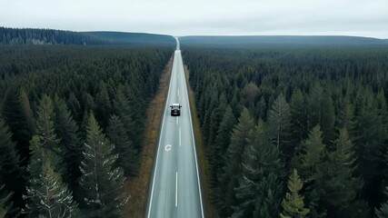vertical drone shot captures stark contrast lush barren trees lining straight road scenic video in 4k - Powered by Adobe