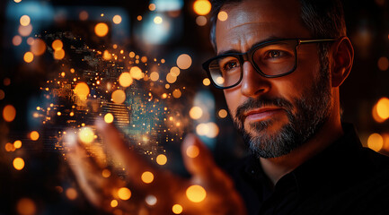 A happy businessman holding out his hand to touch glowing data visualizations floating in the air, displaying graphs and charts. The background is blurred with bokeh lights, creati