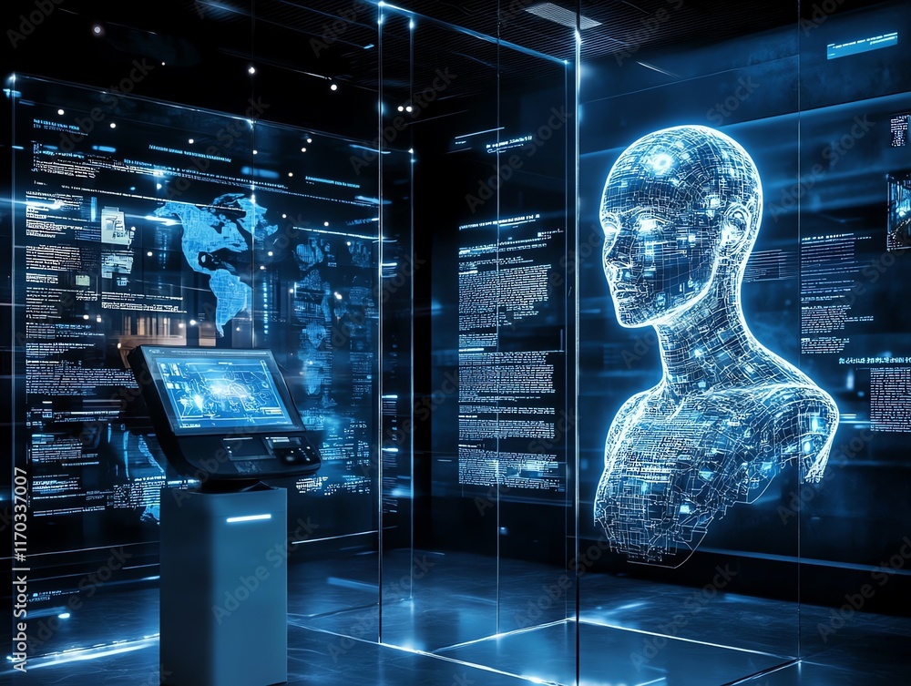 Poster digital head: futuristic data visualization with kiosk