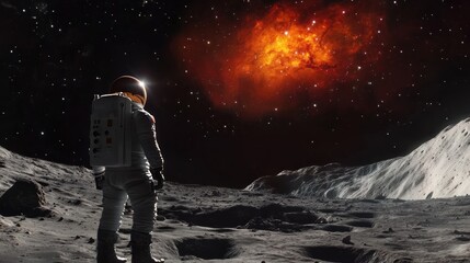 Obraz premium Astronaut on Lunar Surface: A Solitary Figure Gazing at a Celestial Nebula