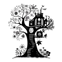 Obraz premium Whimsical treehouse nestled in a flowering tree silhouette.