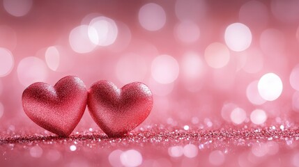 two red hearts on pink glitter background. valentine's day concept