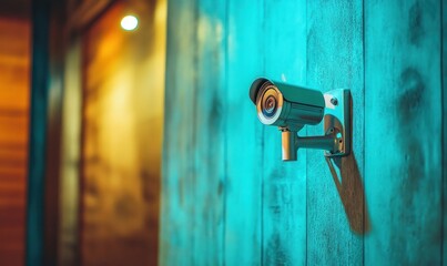 Security camera mounted on teal wood wall, hallway background