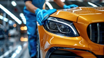 Close-up of gloved hands washing a yellow car.