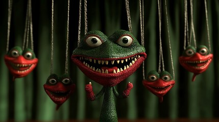 Puppet Frog Show, Grinning, Green Curtain, Theater, 3D Render