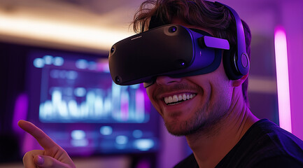 A smiling man wearing a virtual reality headset, with a digital screen in the background displaying data and graphs. He is pointing at the screen with his finger.