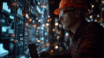 A construction worker in an orange hard hat, wearing glasses and a dark red shirt with black stripes, is working on his laptop surrounded by digital holographic technical graphics.