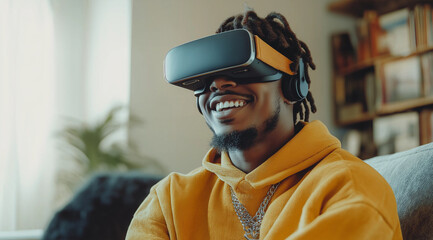 A young man wearing a virtual reality headset is sitting on a sofa at home, smiling and looking happy and excited while using AR (augmented reality) glasses technology for entertai