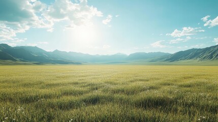 Wide shot of grassy field on a sunny day
